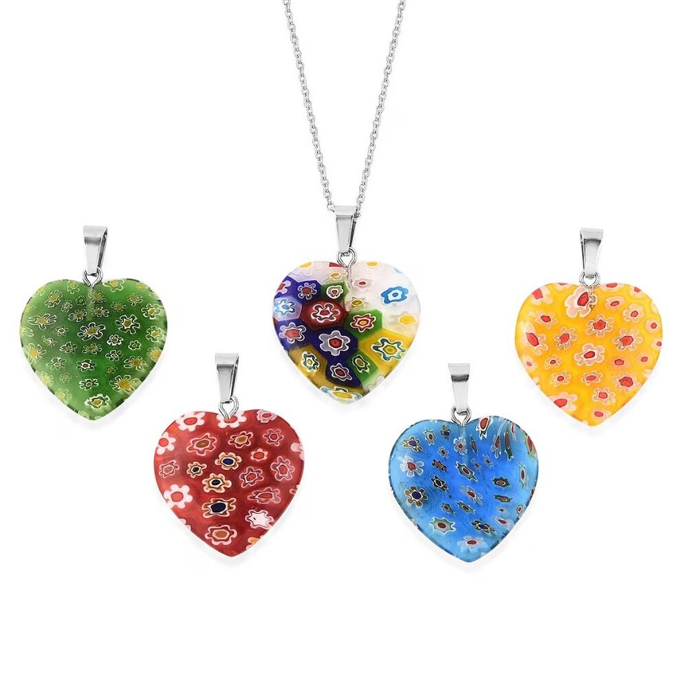 💝 NEW Set of 5 Heart Murano Style Pendants with Necklace in Stainless Steel
